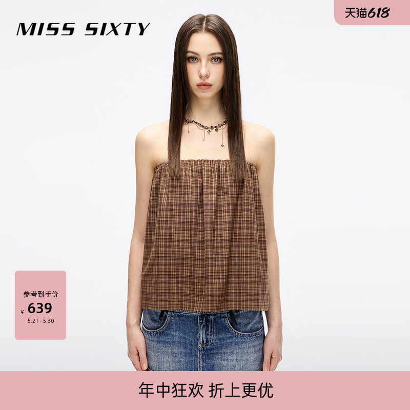Miss Sixty休闲抹胸上衣女宽松复古辣妹格纹露肩内搭外穿叠