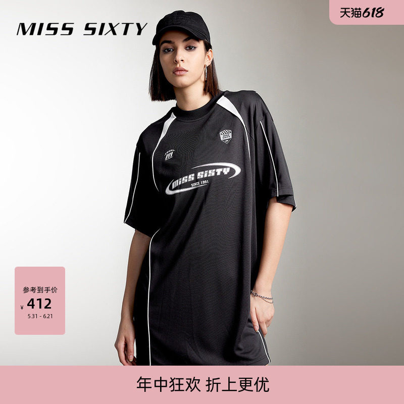 Miss Sixty连身连衣裙女复古运动赛车风T恤裙宽松个性两穿短裙