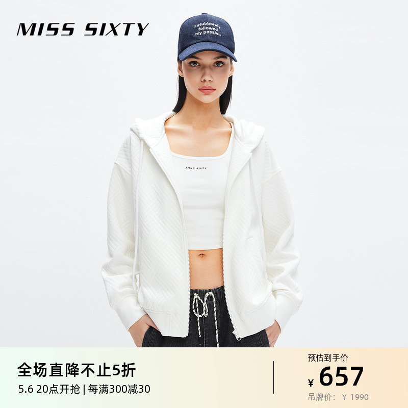 Miss Sixty时尚卫衣外套女连帽拉链抽绳落肩提花宽松休闲