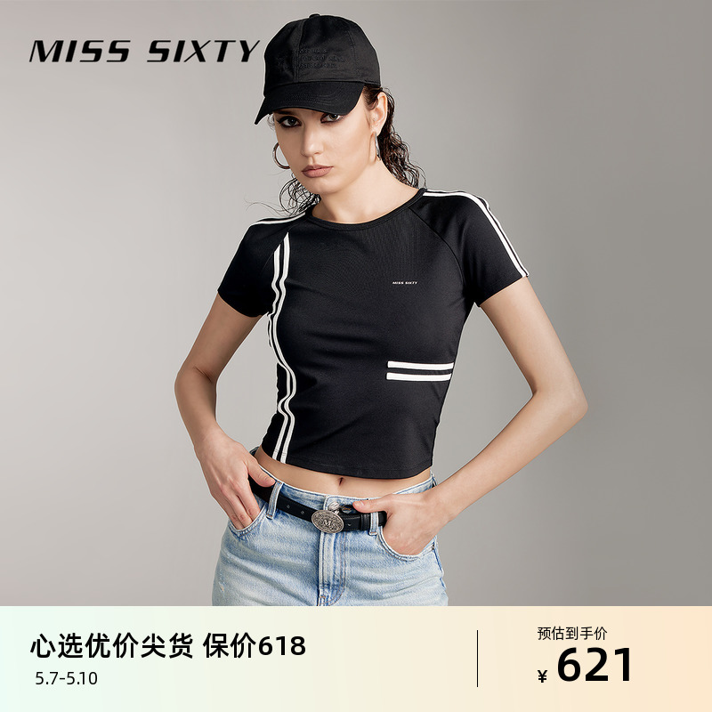 Miss Sixty2024夏季新款短袖T恤女撞色条纹简约休闲百搭圆领修身 女装/女士精品 T恤 原图主图