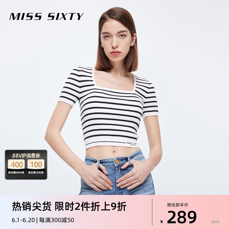 【限时折上折】Miss Sixty针织衫女上衣条纹刺绣方领套头短袖辣妹-封面