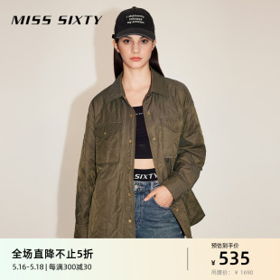 式 夹棉衬衫 时尚 Miss 风 Sixty棉服外套女菱格宽松中长款 工装