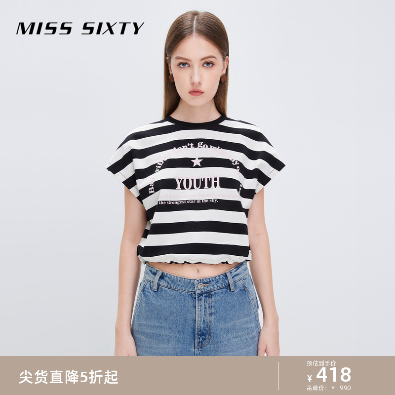 Miss Sixty卫衣女短袖气质圆领复古条纹抽绳收腰显瘦百搭字母印花