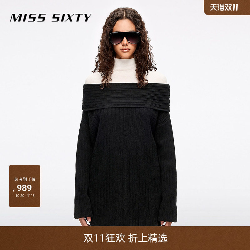 Miss Sixty冬季牦牛绒针织衫女气质上衣毛衣一字肩坑条罗纹慵懒