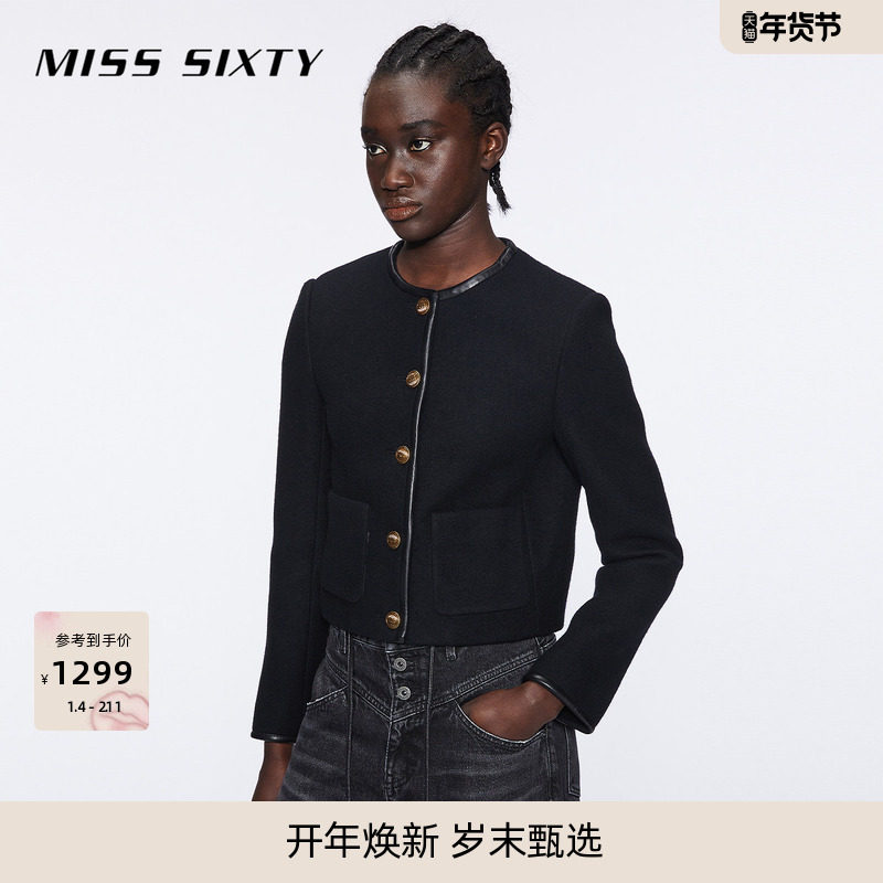 Miss Sixty冬季绵羊毛呢外套女圆领拼接静奢小香风短款,女装/女士精品,短外套,淘宝优惠券,粉丝福利购,淘宝优惠卷