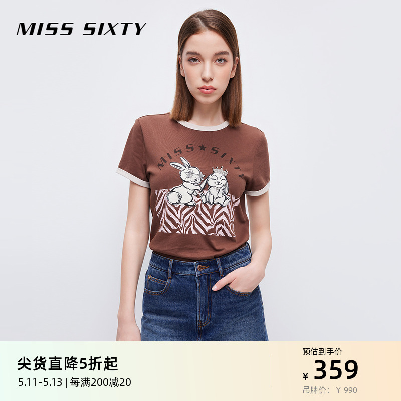 Miss SixtyT恤女圆领显瘦正肩短袖复古撞色卡通绣花减龄学院风