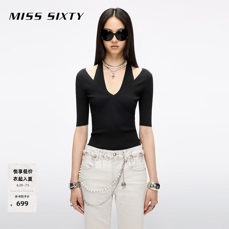 Miss Sixty秋季针织衫女气质上衣挂脖短袖紧身短款含桑蚕丝