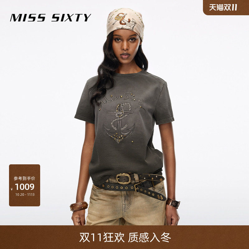 Miss Sixty2026秋季新款T恤女圆领航海风印花金属撞钉装饰短袖T恤
