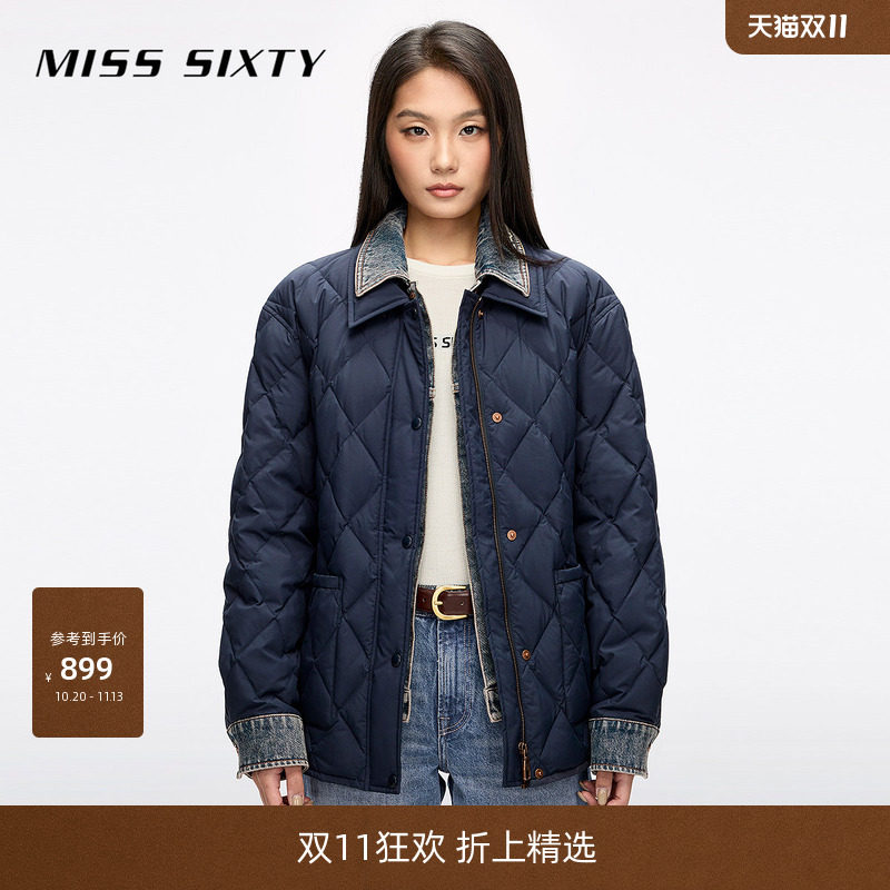 【90鸭绒】Miss Sixty女时尚百搭秋季牛仔拼接羽绒外套假两件