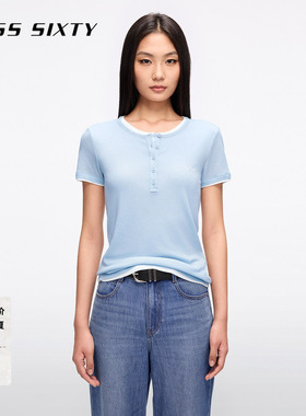 【莱赛尔】Miss Sixty26春夏新款短袖T恤女修身假两件亨利领上衣