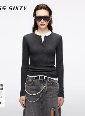 Miss Sixty25秋新款针织衫女羊毛桑蚕丝混纺两件套上衣配背心毛衣