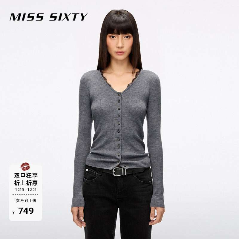 【保暖羊毛】Miss Sixty25秋新款针织开衫蕾丝拼接修身显瘦长袖