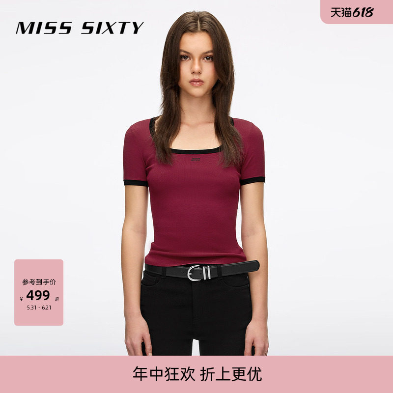 Miss Sixty2026春夏新款针织衫女撞色方领徽标刺绣修身短款上衣