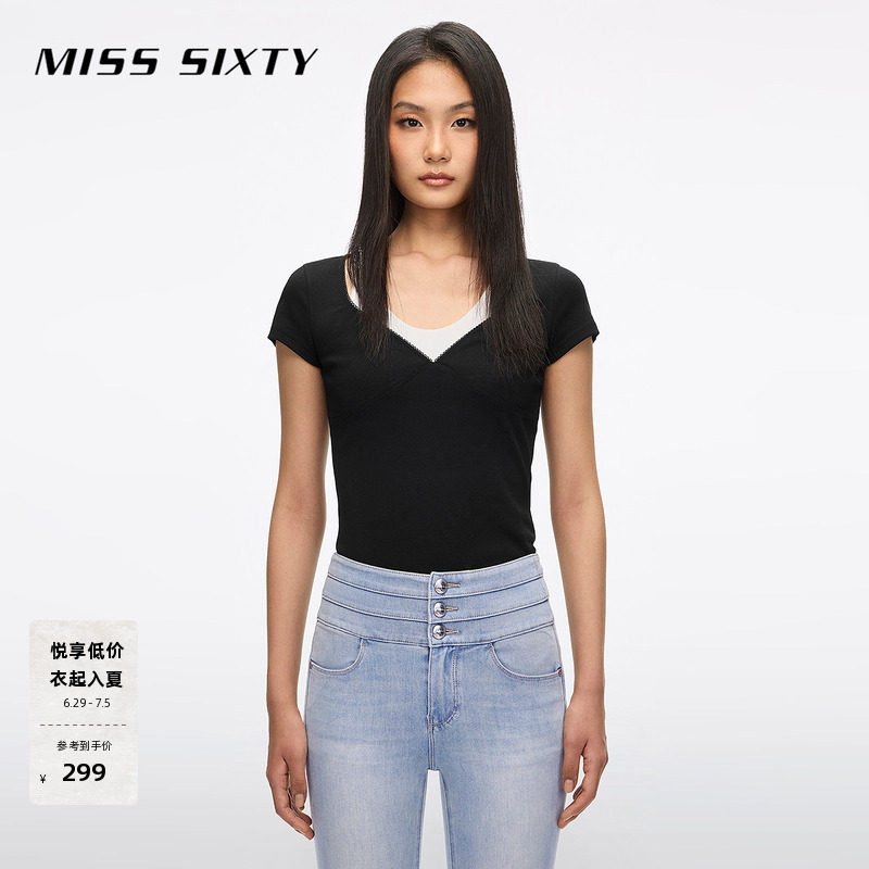Miss Sixty2026夏季新款T恤女假两件修身短款设计感百
