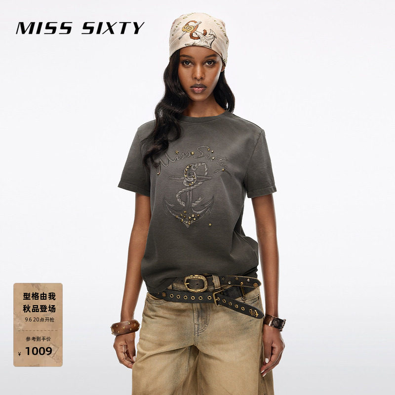Miss Sixty2026秋季新款T恤女圆领航海风印花金属撞钉装饰短袖T恤