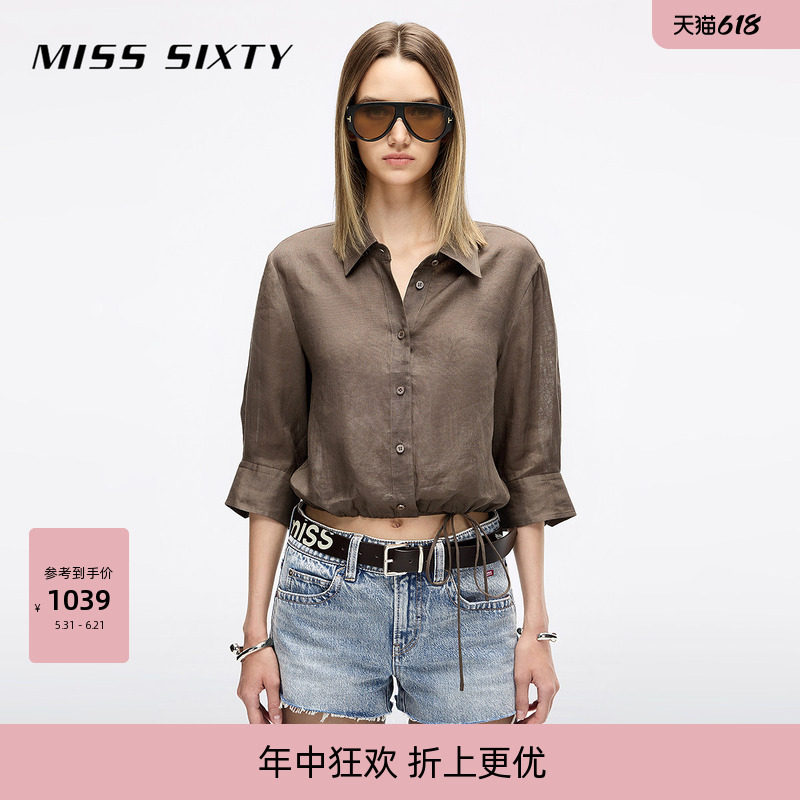 【亚麻】Miss Sixty2026春季衬衫女翻领七分袖抽绳系带收腰短上衣