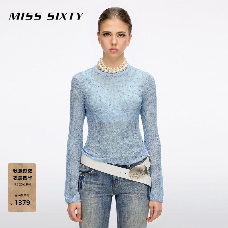 Miss Sixty2026春季新款长袖针织衫女圆领短款蝴蝶结喇叭袖上衣