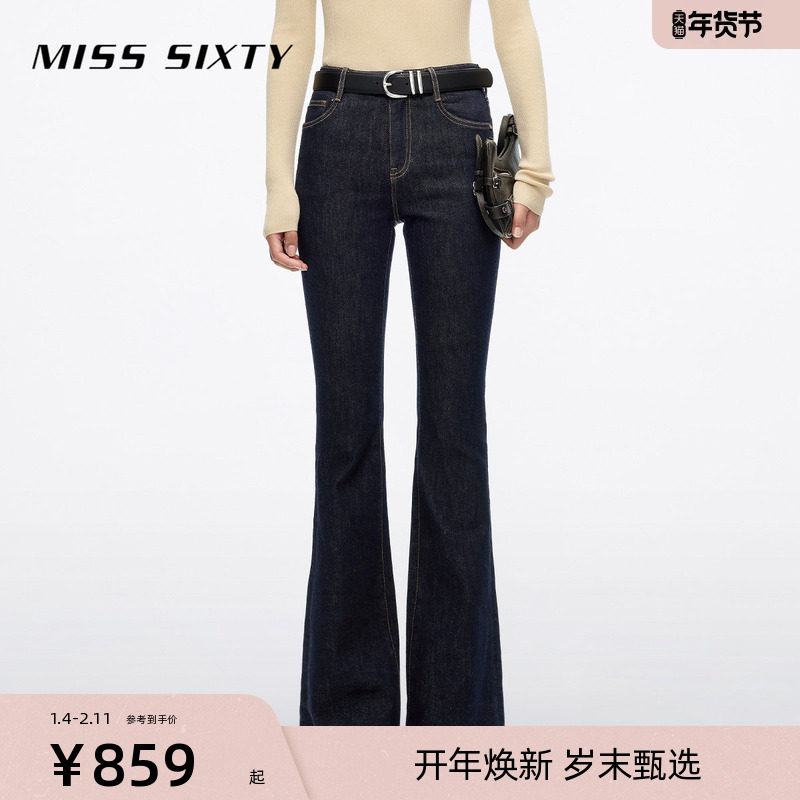 Miss Sixty2025秋冬牛仔裤女高腰修身窄版微喇叭裤广角裤复古洗水