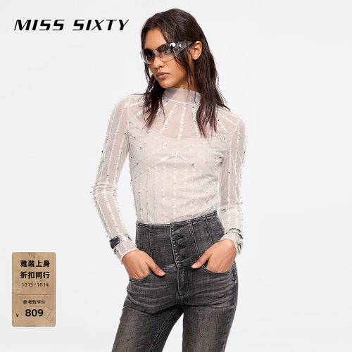 MissSixty重工钉珠半高领薄衬衫
