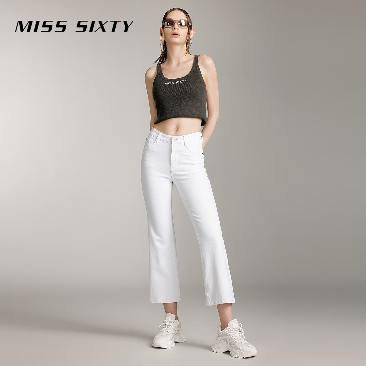 MissSixty含桑蚕丝白色微喇裤