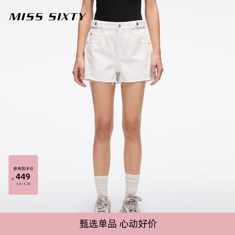 Miss Sixty夏复古百搭牛仔短裤女镂空高腰刺绣直筒裤白色休