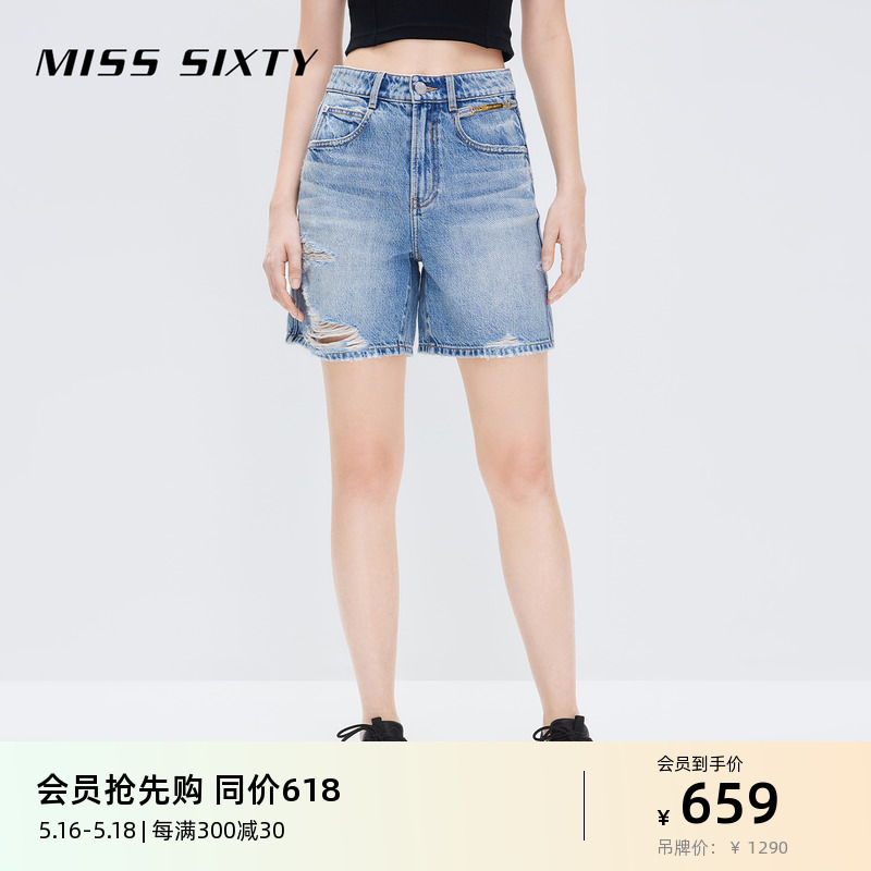 Miss Sixty2024夏季新款牛仔短裤女破洞设计高腰直筒复古风五分