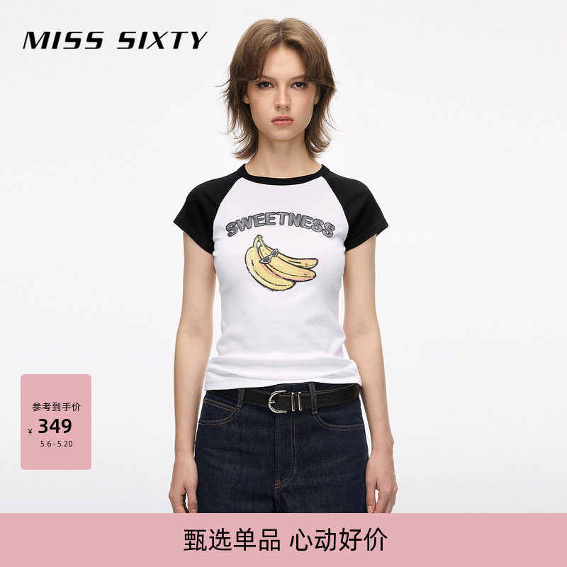 Miss Sixty2026夏季新款T恤女圆领短款修身撞色印花插肩袖上衣