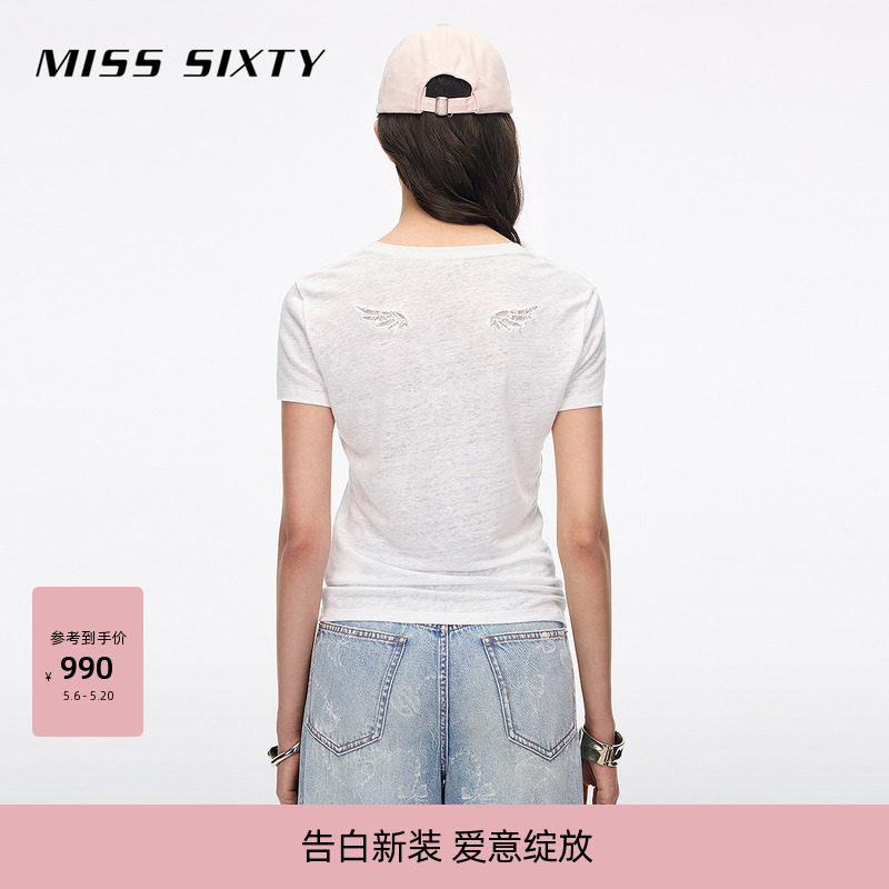 【亚麻】Miss Sixty26夏新款短袖薄T恤女V领镂空蕾丝羽