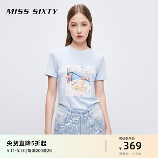 立体印花亮片钉珠上衣 Miss SixtyT恤女清新减龄圆领显瘦正肩短袖