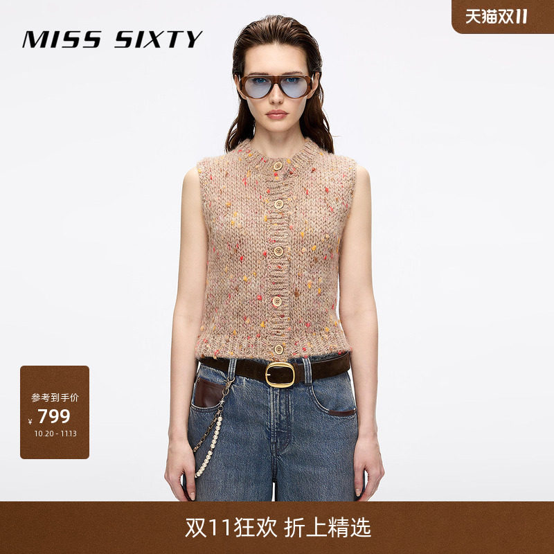 Miss Sixty秋季针织马甲女羊毛彩点纱无袖短款单排扣上衣外