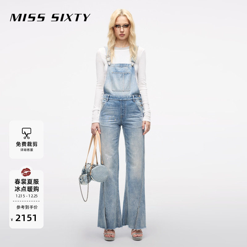 Miss Sixty25春秋新款一体式连衣裤泼点微喇牛仔背带裤设