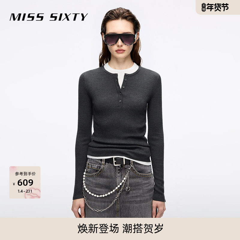 Miss Sixty25秋新款针织衫女羊毛桑蚕丝混纺两件套上衣配