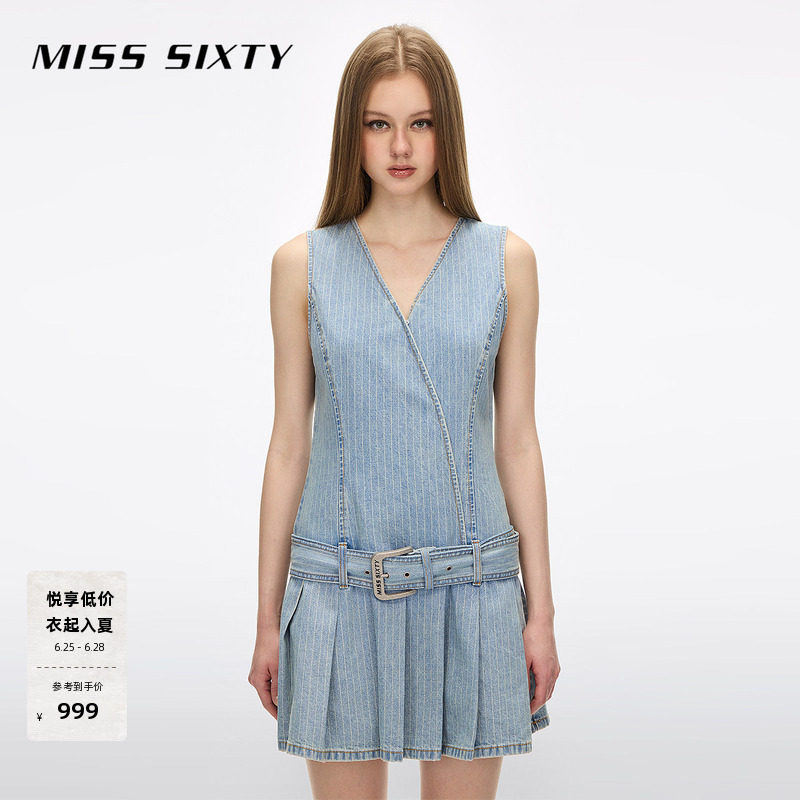 Miss Sixty26夏新款牛仔连衣裙女无袖附腰带条纹百褶短裙