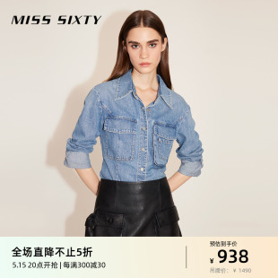 女长袖 翻领复古单排扣简约口袋收腰修身 Sixty牛仔衬衫 Miss 气质