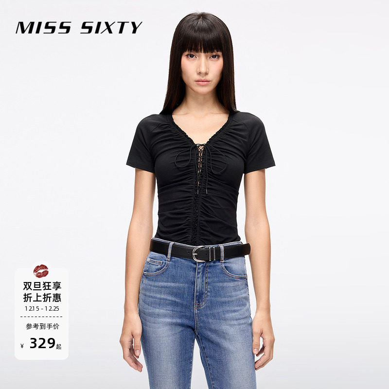 [修身]Miss Sixty2025夏季新款系带镂空短袖T恤短款