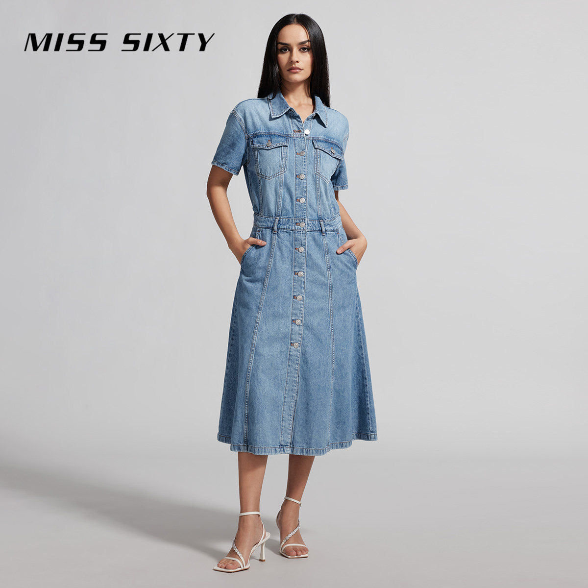 Miss Sixty牛仔连身连衣裙单排扣长款复古洗水丹宁风通勤休闲风