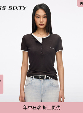 【莱赛尔】Miss Sixty26夏新款薄T恤女假两件修身亨利衫淡人穿搭