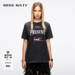 棉质短袖 新款 T恤女圆领宽松细闪印花上衣高街 Sixty2025秋季 Miss