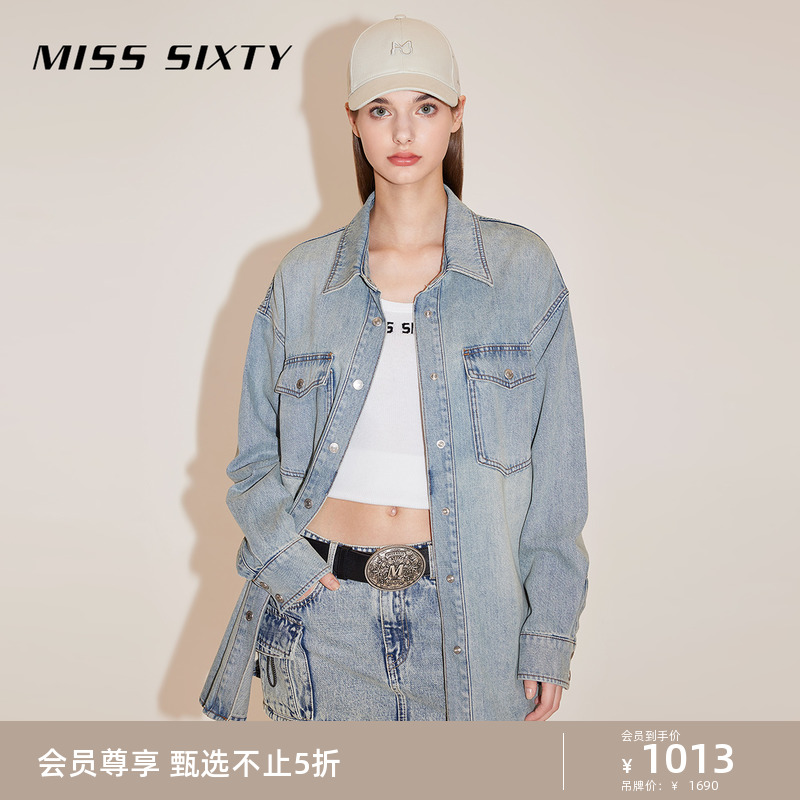 Miss Sixty2024春季新款牛仔衬衫女长袖翻领美式复古磨白休闲百