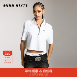 上衣绣花美式 T恤polo领拉链短款 街头休闲复古 Sixty短袖 Miss