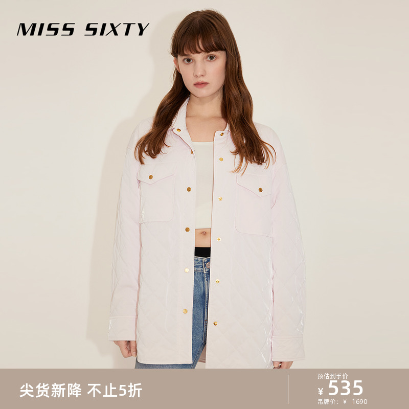 Miss Sixty棉服外套女浅粉色菱格宽松中长款时尚夹棉衬衫式