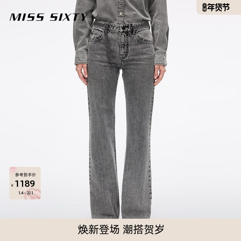 Miss Sixty2025秋季新款牛仔裤女复古钻饰拼接腰头显瘦微喇叭裤,女装/女士精品,牛仔裤,淘宝优惠券,粉丝福利购,淘宝优惠卷