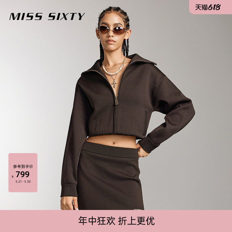 Miss Sixty针织外套女撞色提花复古运动风简约休闲短款上衣