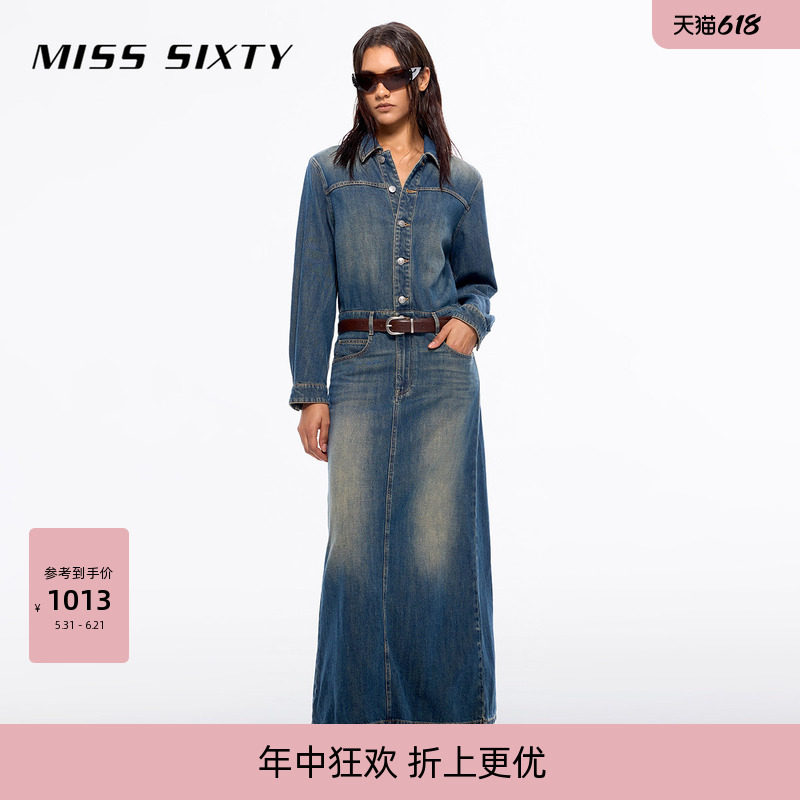 【含莱赛尔】Miss Sixty牛仔连身连衣裙女配腰带长袖后开衩