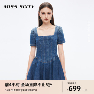 Miss 法式 连衣裙女方领鱼骨裙短裙显瘦性感小个子牛仔裙 Sixty夏季