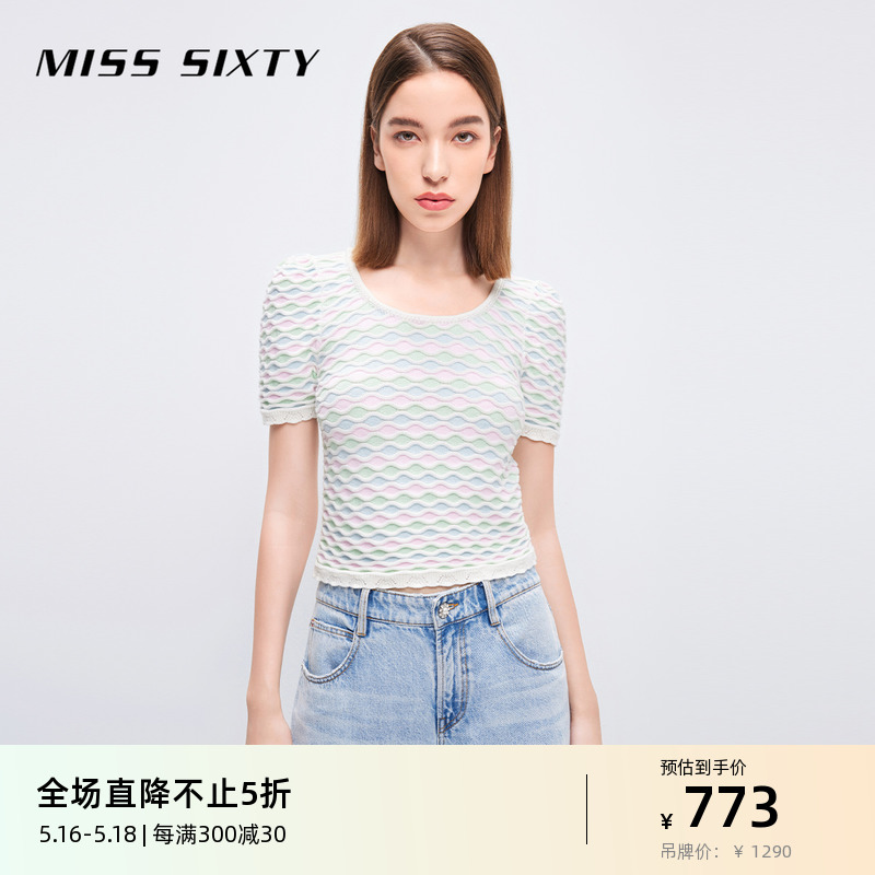 Miss Sixty针织衫女气质上衣圆领钉珠拼色法式精致修身显瘦 女装/女士精品 毛针织衫 原图主图