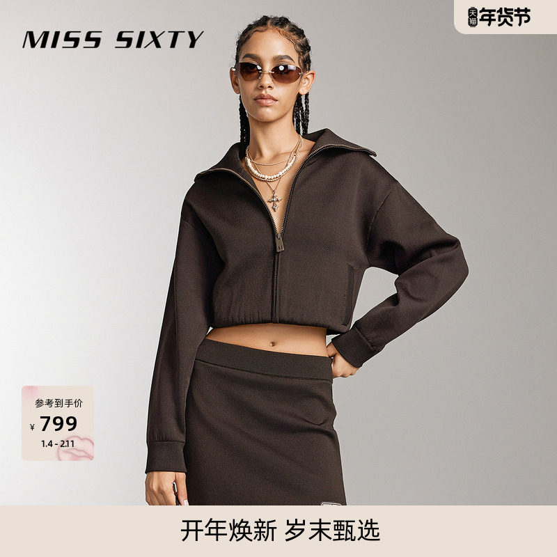Miss Sixty针织外套女撞色提花复古运动风简约休闲短款上衣