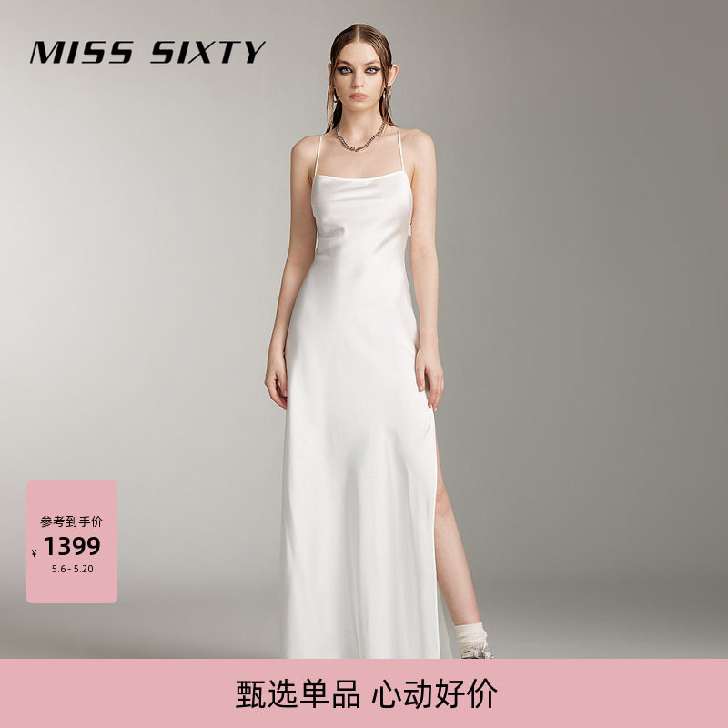 【三醋酸】Miss Sixty缎面吊带连衣裙女露背开衩礼服高级度