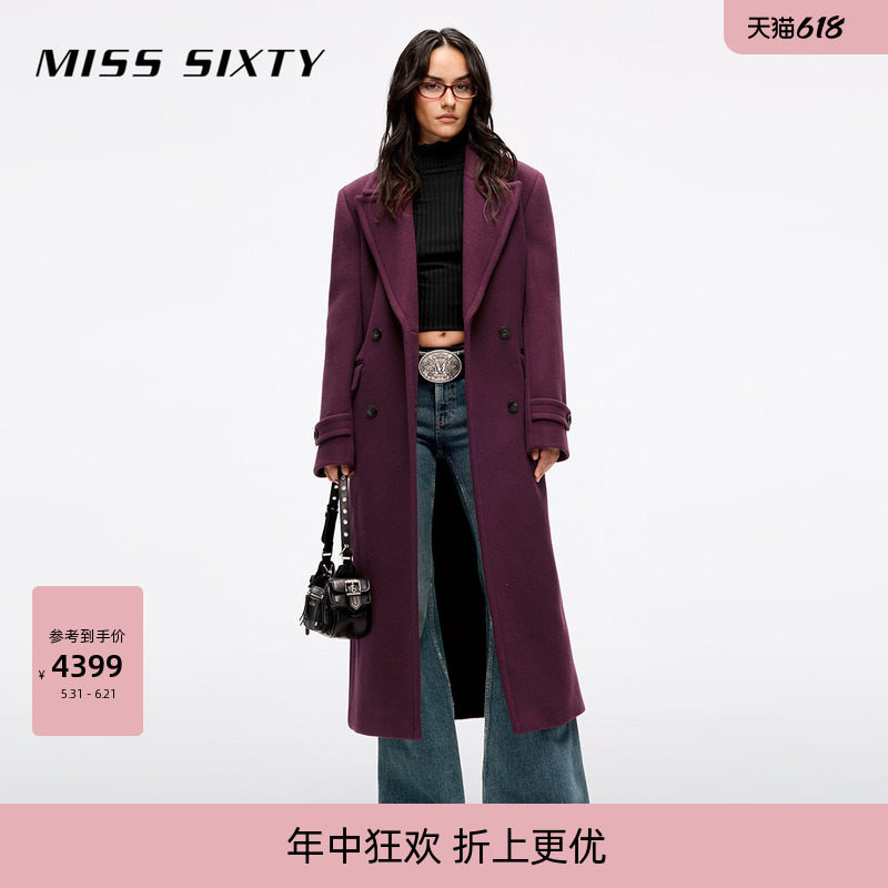 Miss Sixty羊毛呢大衣长款酒红色西装领外套老钱风轻奢高级感