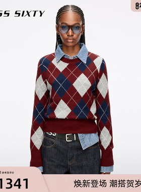【保暖羊毛】Miss Sixty2025冬季新款针织衫女长袖菱格纹红色上衣